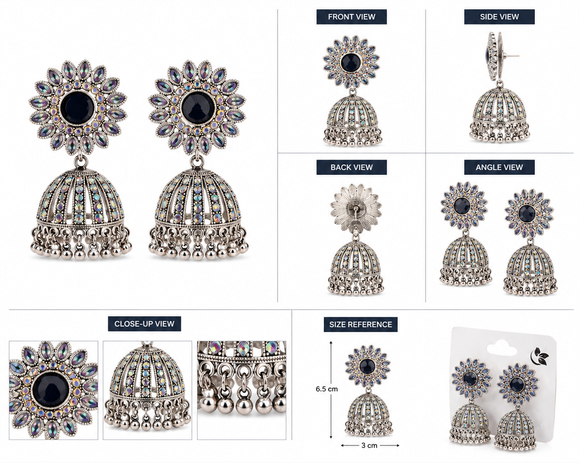 Silver Rhinestone Jhumka Earrings