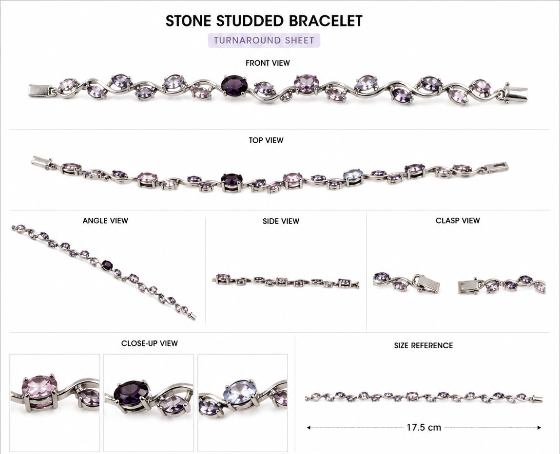 A product information sheet for a stone-studded bracelet, showing front, top, angle, side, clasp, and close-up views of the bracelet, plus size reference and product details. The bracelet has a silver-toned band with multiple clear rhinestone and crystal studs, including one prominent oval purple stone.