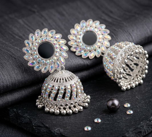 Silver Rhinestone Jhumka Earrings
