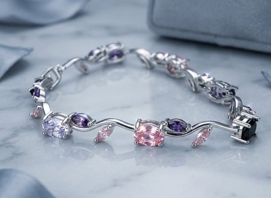 Silver bracelet with purple and pink gemstones
